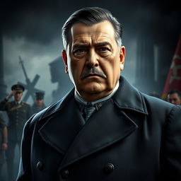 A highly detailed and expressive portrait of a historical figure resembling a commanding and controversial leader from the early 20th century