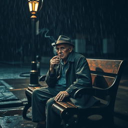 An old man sitting on a weathered wooden bench under a dimly lit street lamp, smoking a cigarette