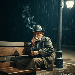 An old man sitting on a weathered wooden bench under a dimly lit street lamp, smoking a cigarette