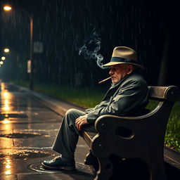An old man sitting on a weathered wooden bench under a dimly lit street lamp, smoking a cigarette