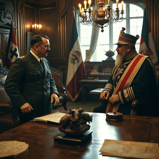 A dramatic historical scene featuring Adolf Hitler and King Reza of Iran engaged in a conversation in a lavish 1930s diplomatic setting