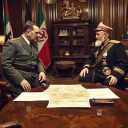 A dramatic historical scene featuring Adolf Hitler and King Reza of Iran engaged in a conversation in a lavish 1930s diplomatic setting