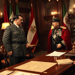 A dramatic historical scene featuring Adolf Hitler and King Reza of Iran engaged in a conversation in a lavish 1930s diplomatic setting