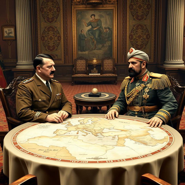 A historical depiction of Adolf Hitler and King Reza of Iran sitting at a round table in a formal meeting room during the 1930s