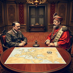 A historical depiction of Adolf Hitler and King Reza of Iran sitting at a round table in a formal meeting room during the 1930s