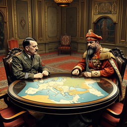 A historical depiction of Adolf Hitler and King Reza of Iran sitting at a round table in a formal meeting room during the 1930s