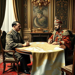 A historical depiction of Adolf Hitler and King Reza of Iran sitting at a round table in a formal meeting room during the 1930s