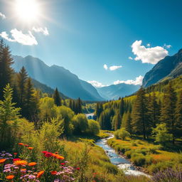 A stunning nature scene showcasing lush green forests and vibrant wildflowers under a bright blue sky