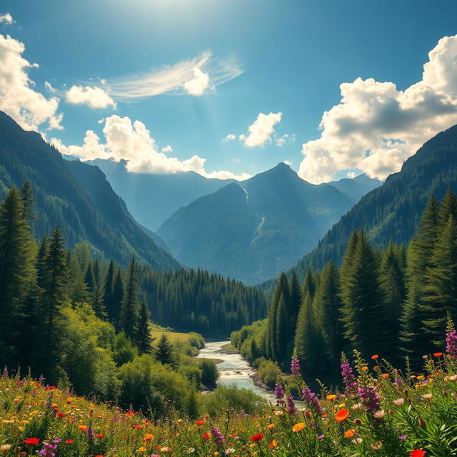 A stunning nature scene showcasing lush green forests and vibrant wildflowers under a bright blue sky