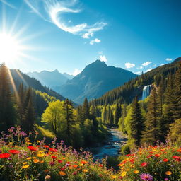 A stunning nature scene showcasing lush green forests and vibrant wildflowers under a bright blue sky