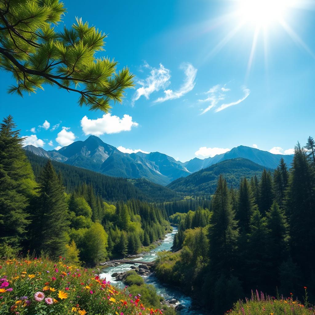 A stunning nature scene showcasing lush green forests and vibrant wildflowers under a bright blue sky