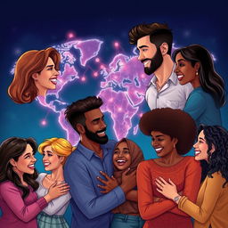 A dynamic scene featuring diverse couples of various ethnicities and cultures, engaging in warm and heartfelt interactions, showcasing love and friendship