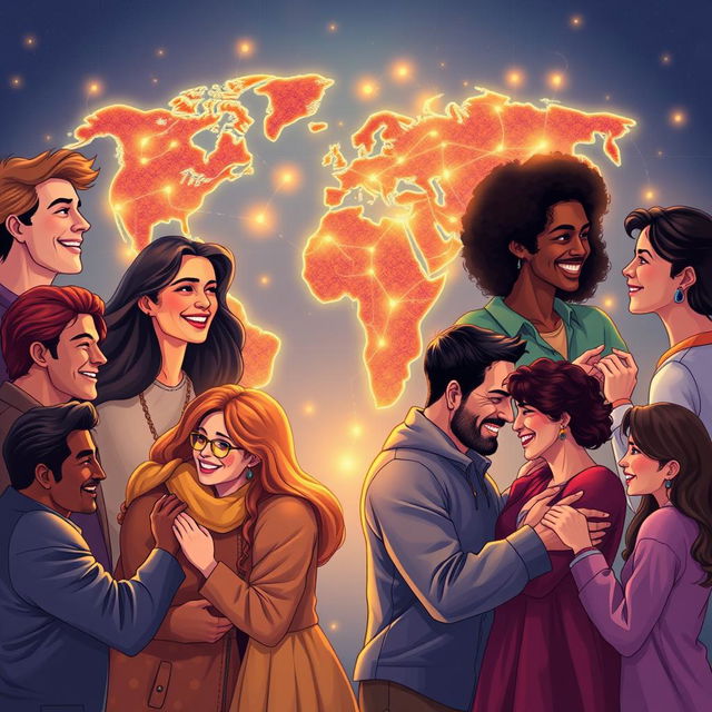 A dynamic scene featuring diverse couples of various ethnicities and cultures, engaging in warm and heartfelt interactions, showcasing love and friendship