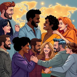 A dynamic scene featuring diverse couples of various ethnicities and cultures, engaging in warm and heartfelt interactions, showcasing love and friendship