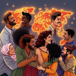 A dynamic scene featuring diverse couples of various ethnicities and cultures, engaging in warm and heartfelt interactions, showcasing love and friendship