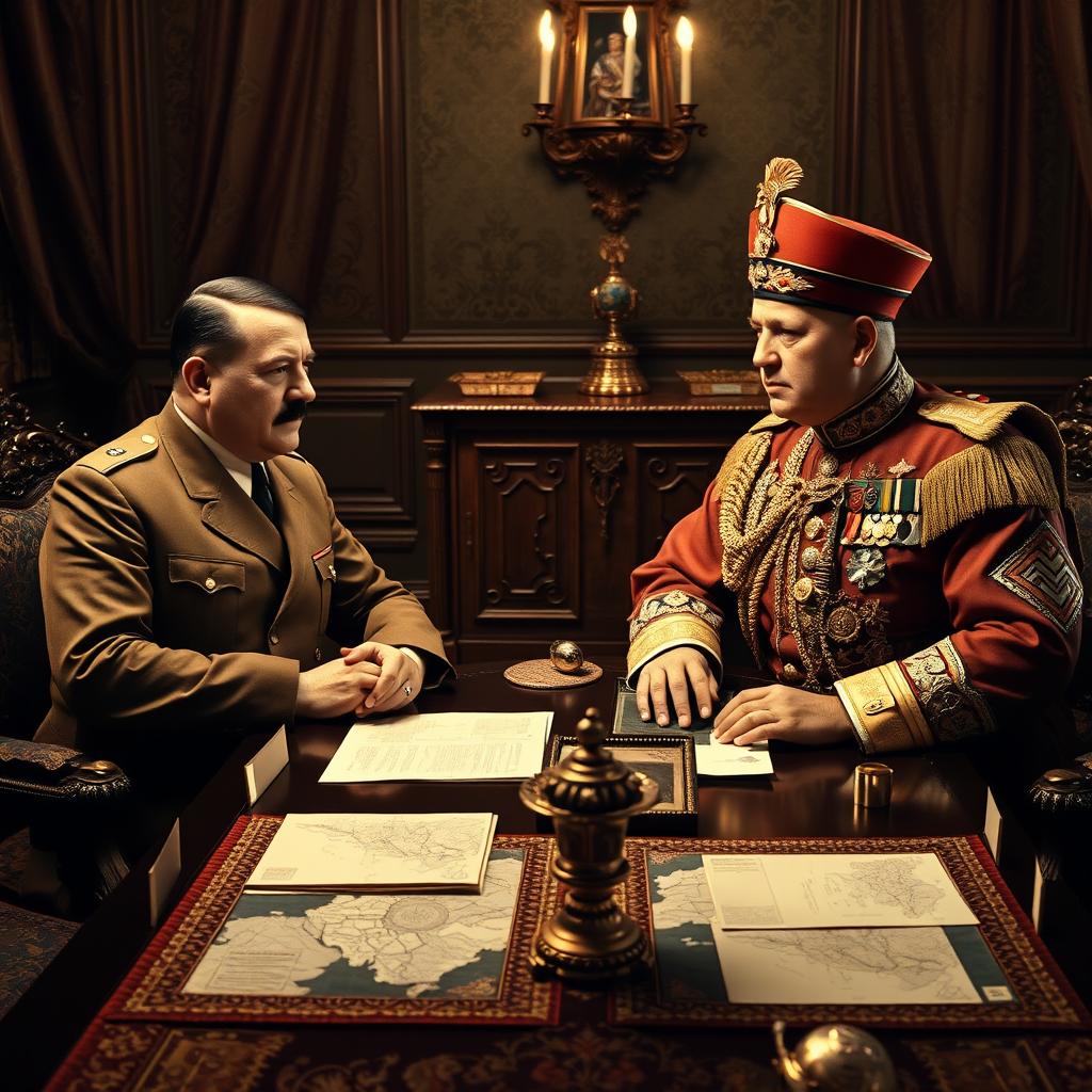 A historical scene featuring Adolf Hitler and Mohammad Reza Shah Pahlavi of Iran in a formal meeting during the 1930s