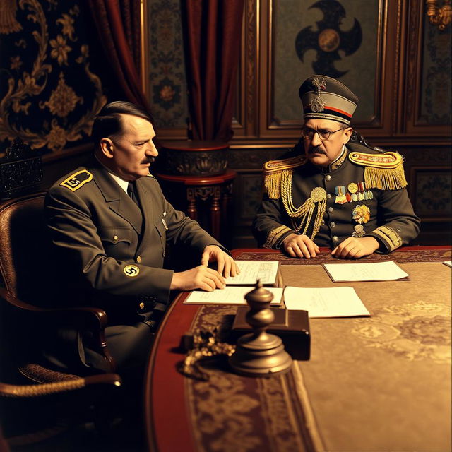 A historical scene featuring Adolf Hitler and Mohammad Reza Shah Pahlavi of Iran in a formal meeting during the 1930s