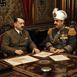A historical scene featuring Adolf Hitler and Mohammad Reza Shah Pahlavi of Iran in a formal meeting during the 1930s