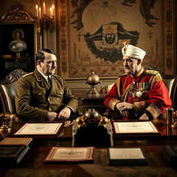 A historical scene featuring Adolf Hitler and Mohammad Reza Shah Pahlavi of Iran in a formal meeting during the 1930s