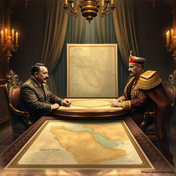 A detailed historical illustration of a meeting between Adolf Hitler and Mohammad Reza Pahlavi, the last Shah of Iran, set in the 1930s