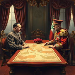 A detailed historical illustration of a meeting between Adolf Hitler and Mohammad Reza Pahlavi, the last Shah of Iran, set in the 1930s