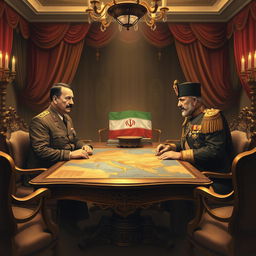 A detailed historical illustration of a meeting between Adolf Hitler and Mohammad Reza Pahlavi, the last Shah of Iran, set in the 1930s