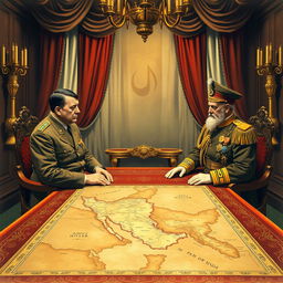 A detailed historical illustration of a meeting between Adolf Hitler and Mohammad Reza Pahlavi, the last Shah of Iran, set in the 1930s