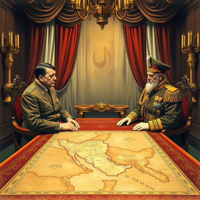 A detailed historical illustration of a meeting between Adolf Hitler and Mohammad Reza Pahlavi, the last Shah of Iran, set in the 1930s