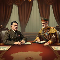 A formal historical meeting illustration of Adolf Hitler and Mohammad Reza Pahlavi, the last Shah of Iran, set in the 1930s