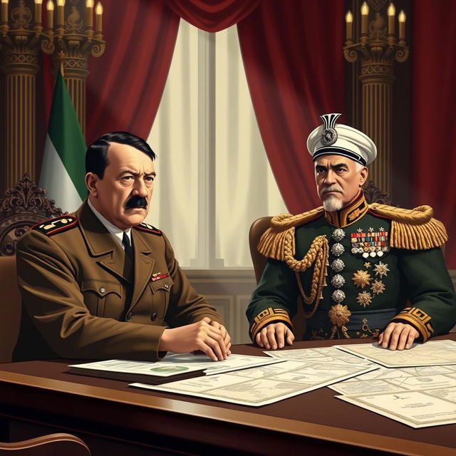 A formal historical meeting illustration of Adolf Hitler and Mohammad Reza Pahlavi, the last Shah of Iran, set in the 1930s