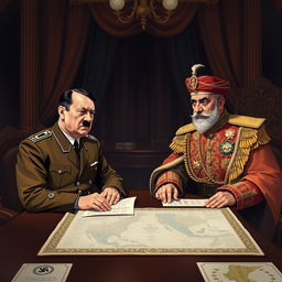 A formal historical meeting illustration of Adolf Hitler and Mohammad Reza Pahlavi, the last Shah of Iran, set in the 1930s
