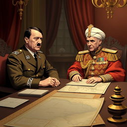 A formal historical meeting illustration of Adolf Hitler and Mohammad Reza Pahlavi, the last Shah of Iran, set in the 1930s