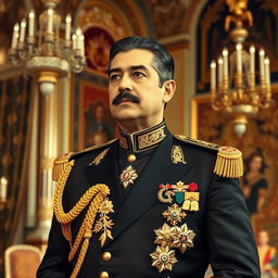 A dignified portrait of Mohammad Reza Pahlavi, the last Shah of Iran, showcasing his royal presence and charisma