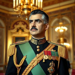 A dignified portrait of Mohammad Reza Pahlavi, the last Shah of Iran, showcasing his royal presence and charisma
