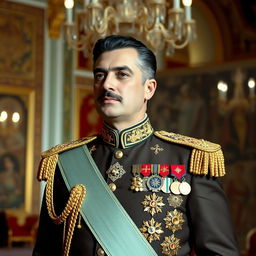 A dignified portrait of Mohammad Reza Pahlavi, the last Shah of Iran, showcasing his royal presence and charisma