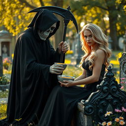 The Grim Reaper, cloaked in deep black fabric, is seen in a striking composition as he delicately feeds a beautiful, innocent dark-haired woman with captivating crystal blue eyes