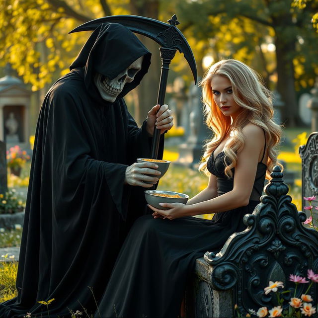 The Grim Reaper, cloaked in deep black fabric, is seen in a striking composition as he delicately feeds a beautiful, innocent dark-haired woman with captivating crystal blue eyes