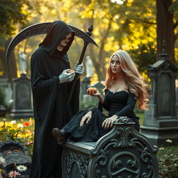 The Grim Reaper, cloaked in deep black fabric, is seen in a striking composition as he delicately feeds a beautiful, innocent dark-haired woman with captivating crystal blue eyes