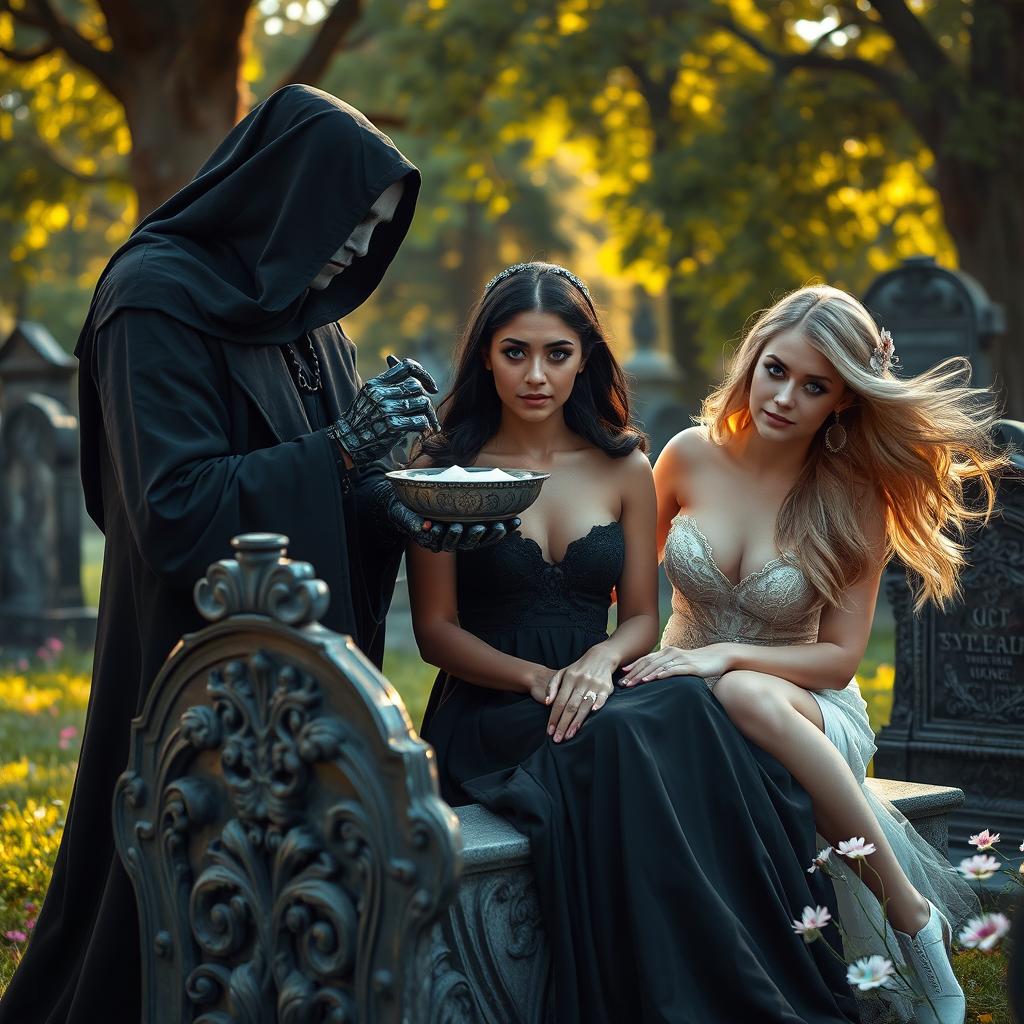 The Grim Reaper, cloaked in deep black fabric, is seen in a striking composition as he delicately feeds a beautiful, innocent dark-haired woman with captivating crystal blue eyes