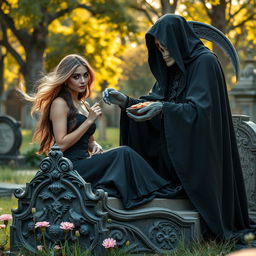 The Grim Reaper, cloaked in deep black fabric, is seen in a striking composition as he delicately feeds a beautiful, innocent dark-haired woman with captivating crystal blue eyes