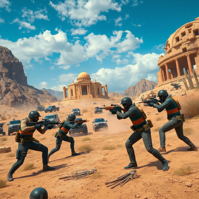 An intense scene of a battle royale match reminiscent of PUBG set in an Iranian landscape