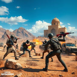 An intense scene of a battle royale match reminiscent of PUBG set in an Iranian landscape