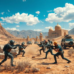 An intense scene of a battle royale match reminiscent of PUBG set in an Iranian landscape