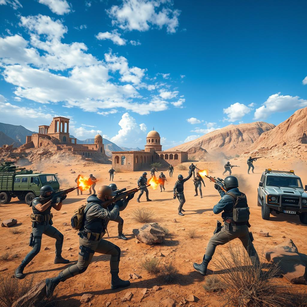 An intense scene of a battle royale match reminiscent of PUBG set in an Iranian landscape