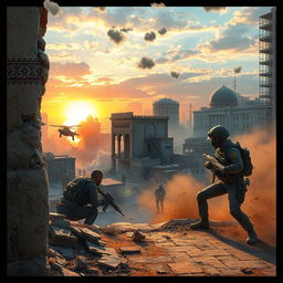 A dynamic scene from a battle royale game inspired by PUBG, set in an urban Iranian landscape
