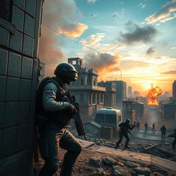 A dynamic scene from a battle royale game inspired by PUBG, set in an urban Iranian landscape