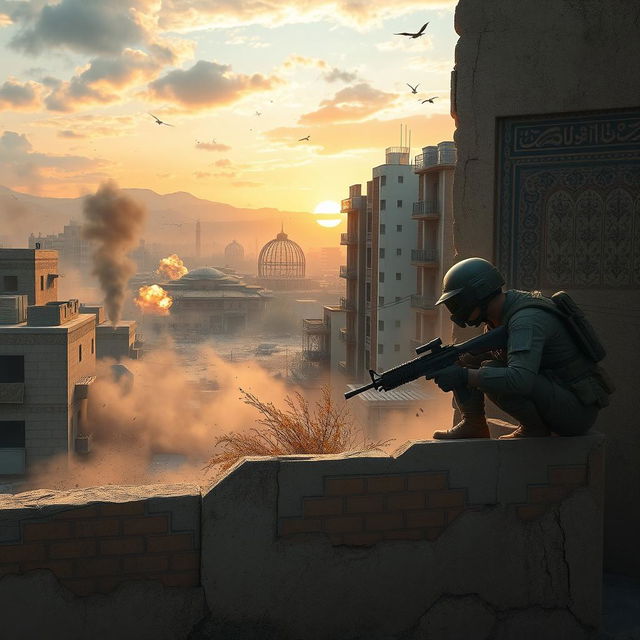 A dynamic scene from a battle royale game inspired by PUBG, set in an urban Iranian landscape