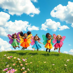 A whimsical scene depicting children with vibrant, butterfly-like wings made of colorful book pages, joyously flying in a bright blue sky filled with fluffy white clouds