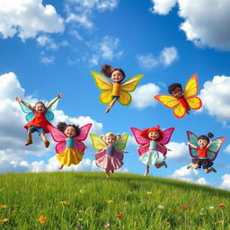 A whimsical scene depicting children with vibrant, butterfly-like wings made of colorful book pages, joyously flying in a bright blue sky filled with fluffy white clouds