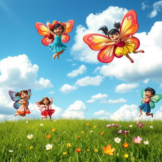 A whimsical scene depicting children with vibrant, butterfly-like wings made of colorful book pages, joyously flying in a bright blue sky filled with fluffy white clouds